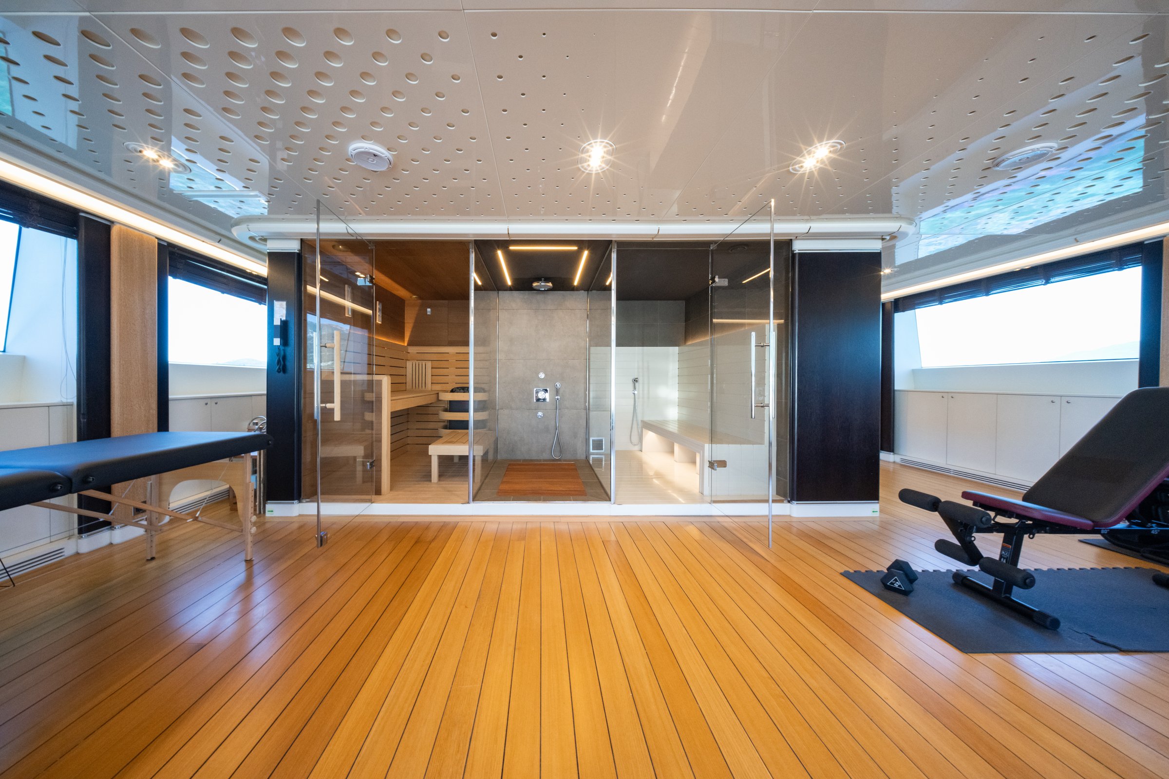 Gym, sauna, steam room and massage area on board AQUARIUS