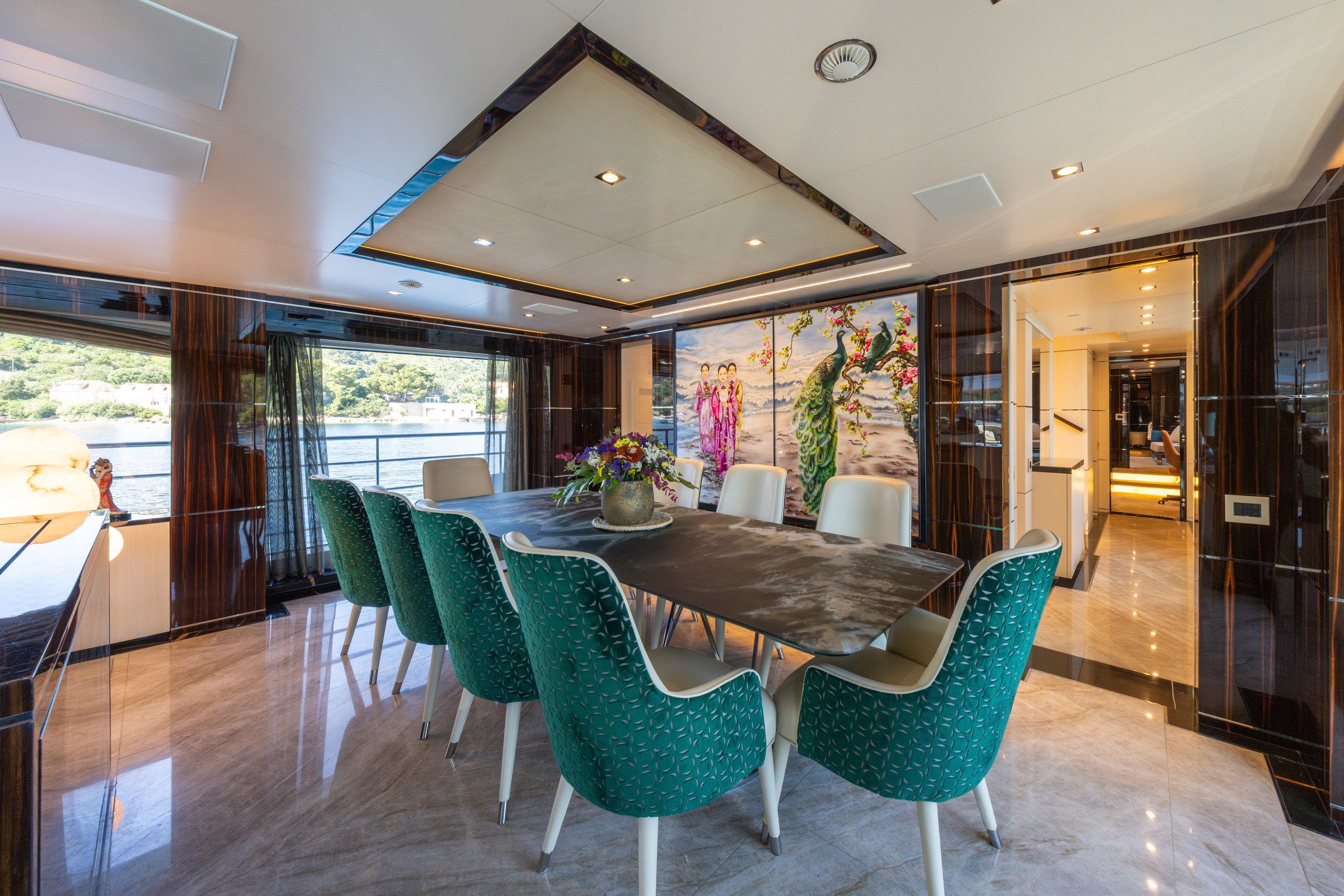 HAPPY ME — Formal indoor dining with teal velvet chairs