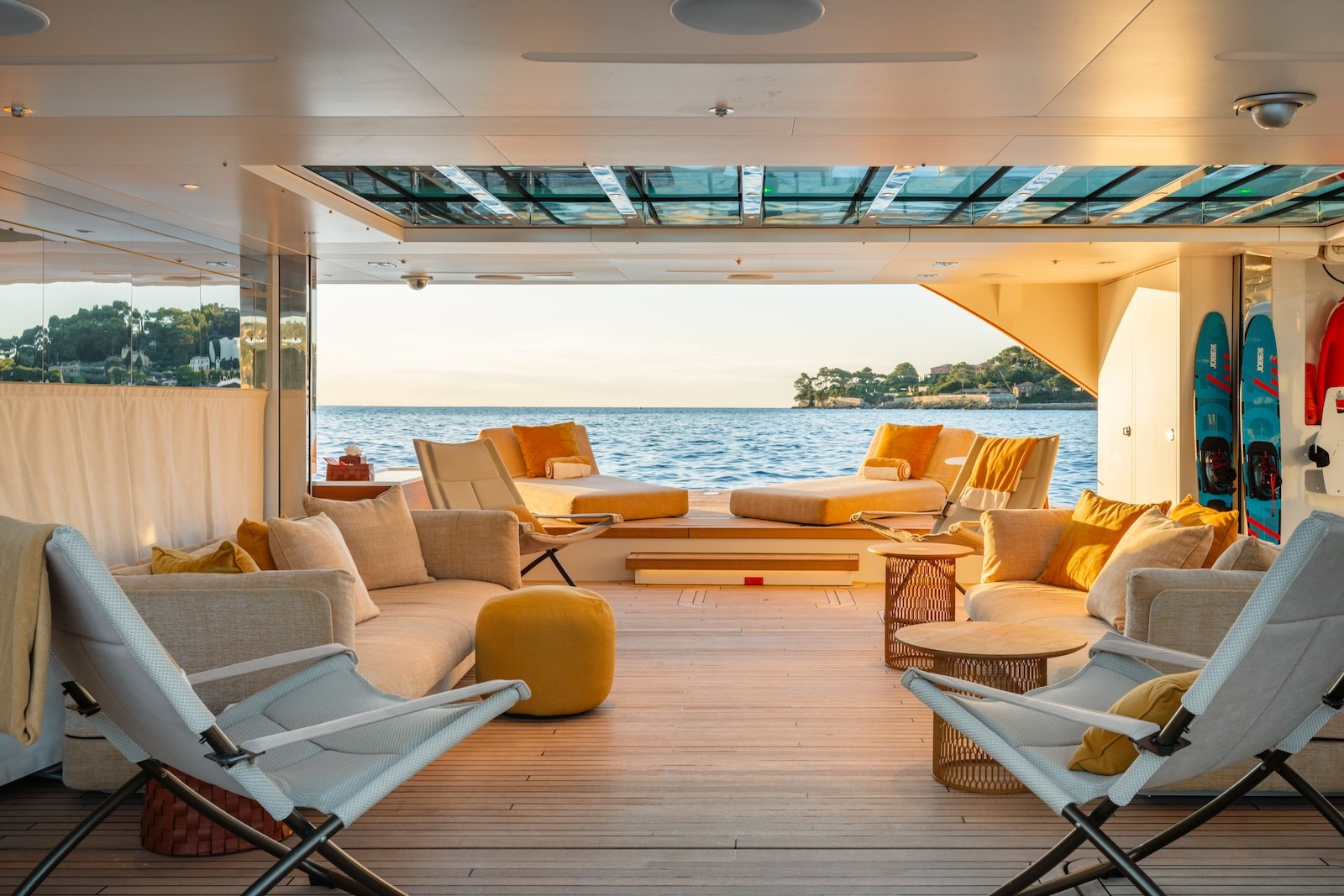 R.M.F beach club lounge looking out to sea with paddleboards