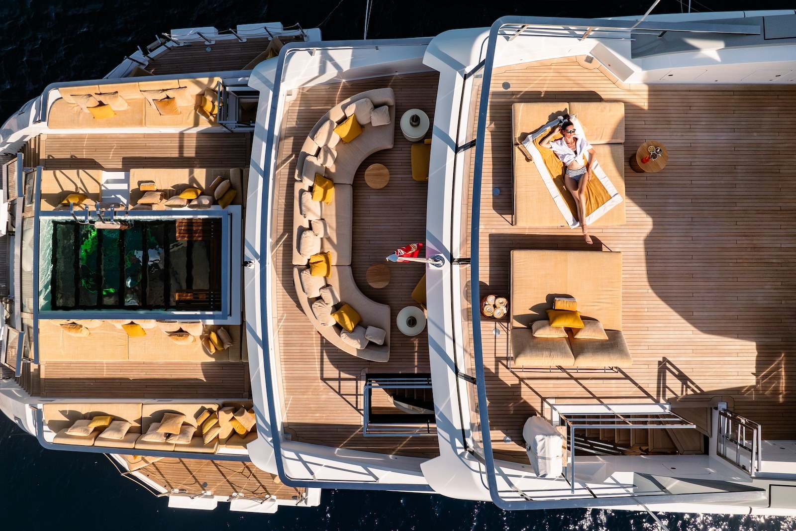 Aerial view of R.M.F aft decks including sundeck lounge and pool