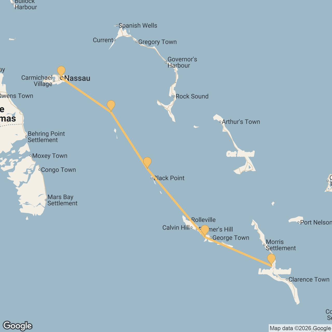 Route map for The Classic Bahamas Week in Bahamas