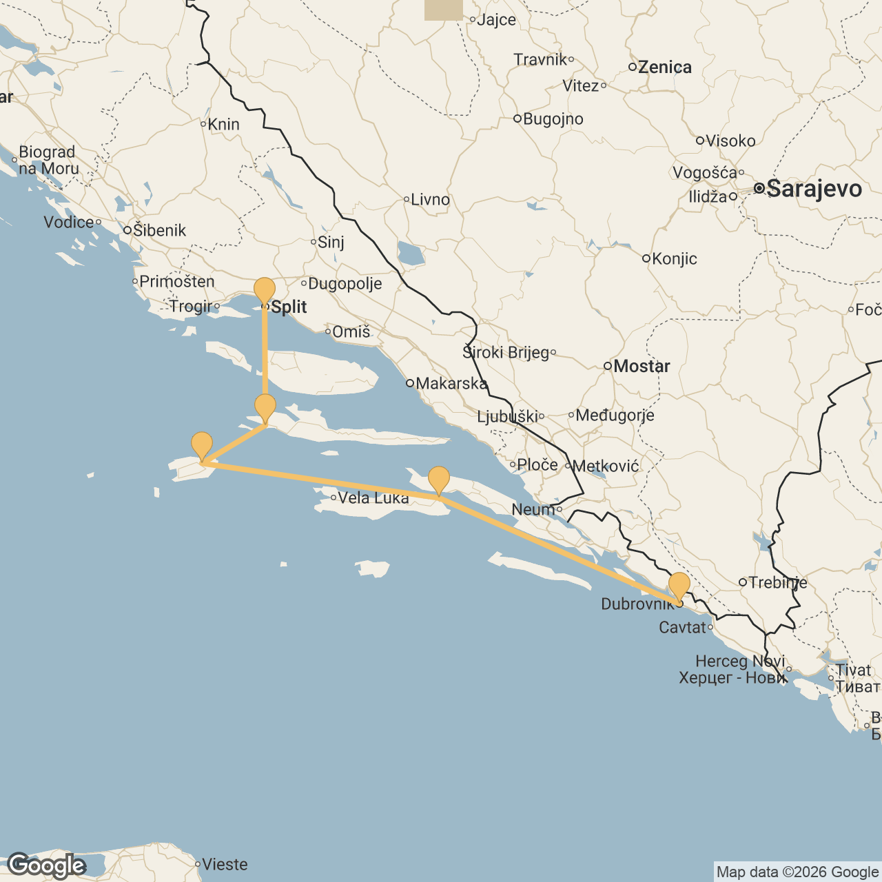 Route map for The Classic Croatia Week in Croatia