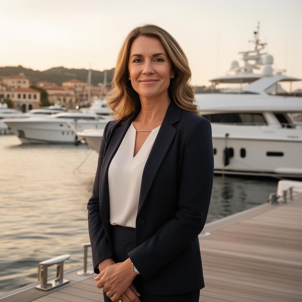 Kiara McCain, Advisory Board member of Blue Ocean Club, photographed on a Mediterranean superyacht marina dock at golden hour