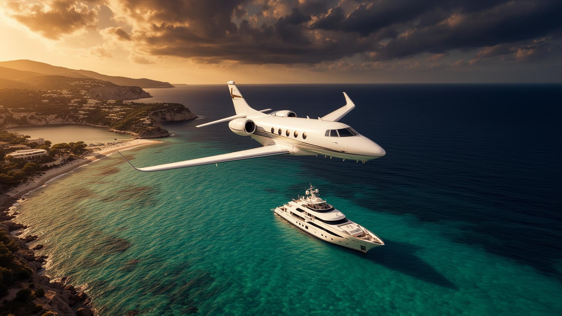 Private jet flying over a luxury superyacht in a pristine bay