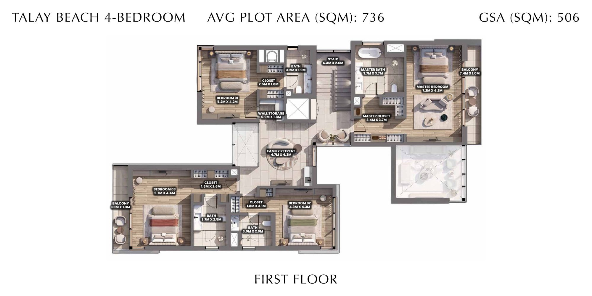 First-floor plan of a Talay Beach four-bedroom villa, Saadiyat Island, Abu Dhabi