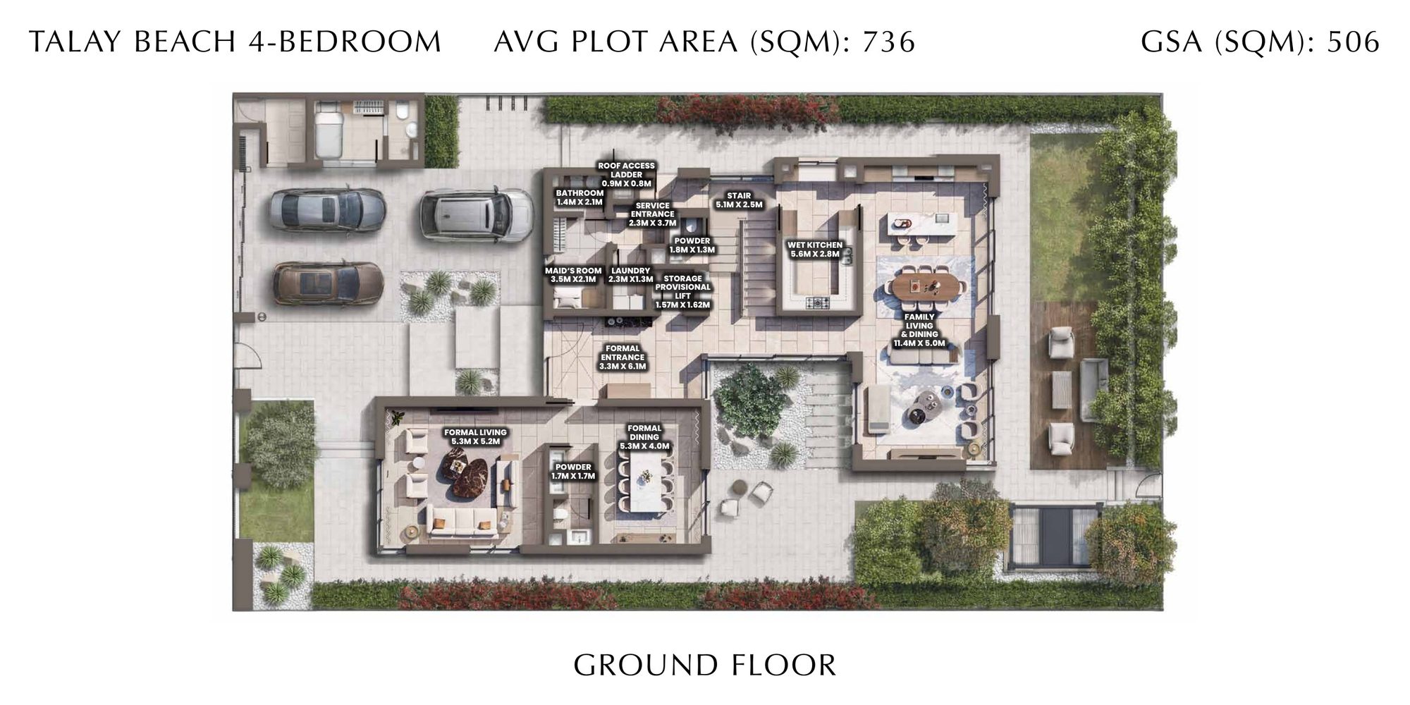 Ground-floor plan of a Talay Beach four-bedroom villa, Saadiyat Island, Abu Dhabi
