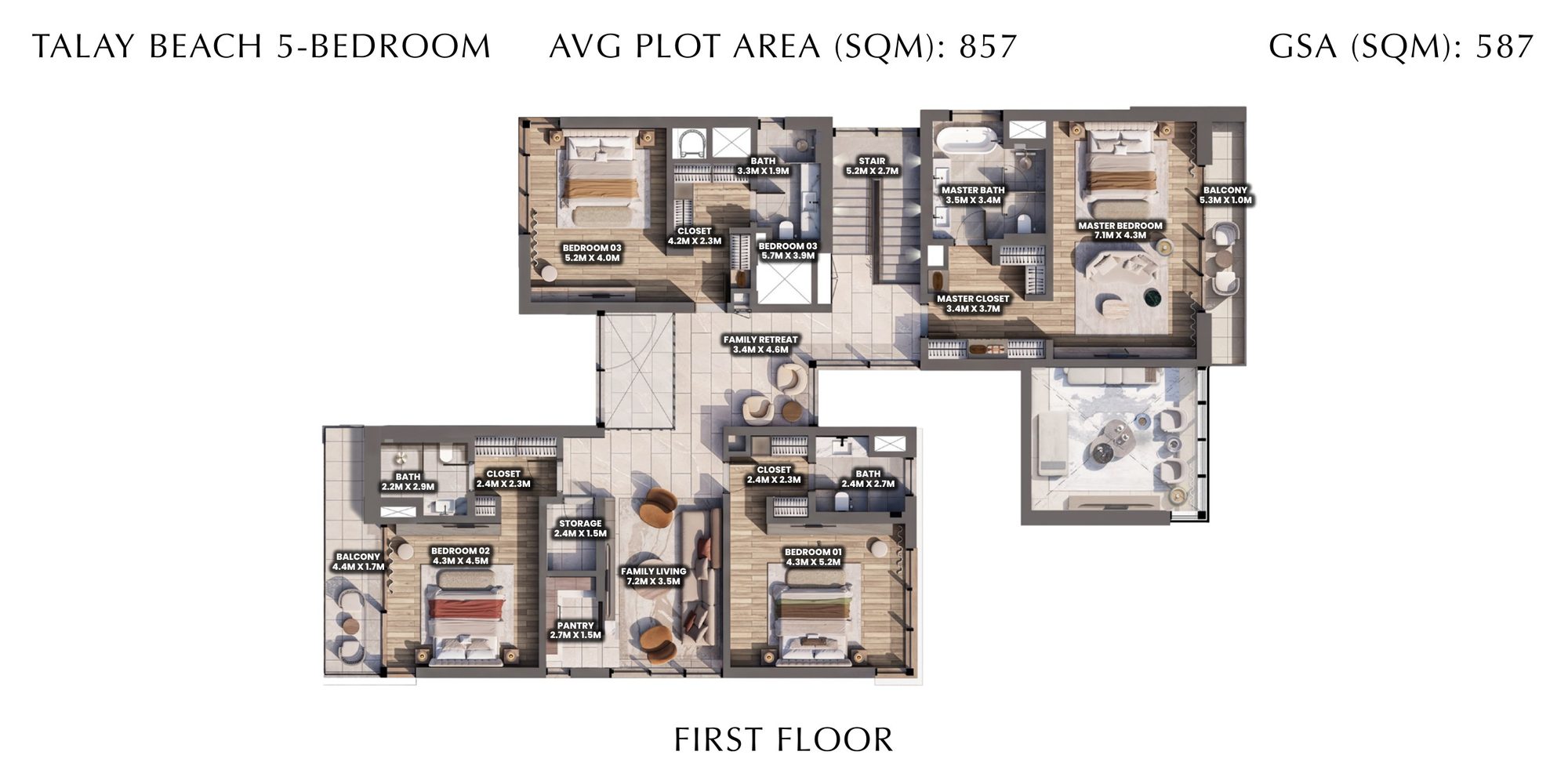 First-floor plan of a Talay Beach five-bedroom villa, Saadiyat Island, Abu Dhabi