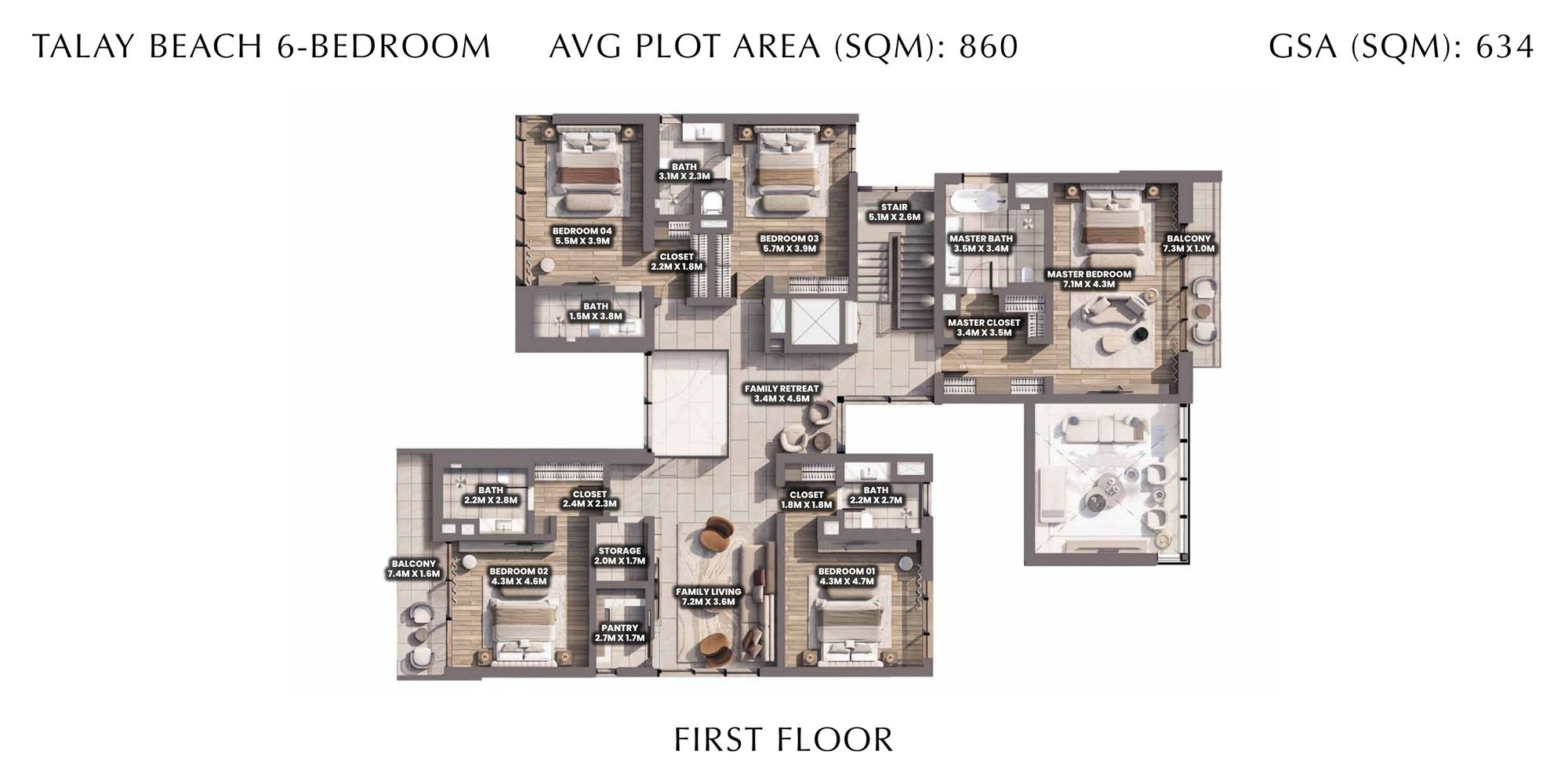 First-floor plan of a Talay Beach six-bedroom villa, Saadiyat Island, Abu Dhabi