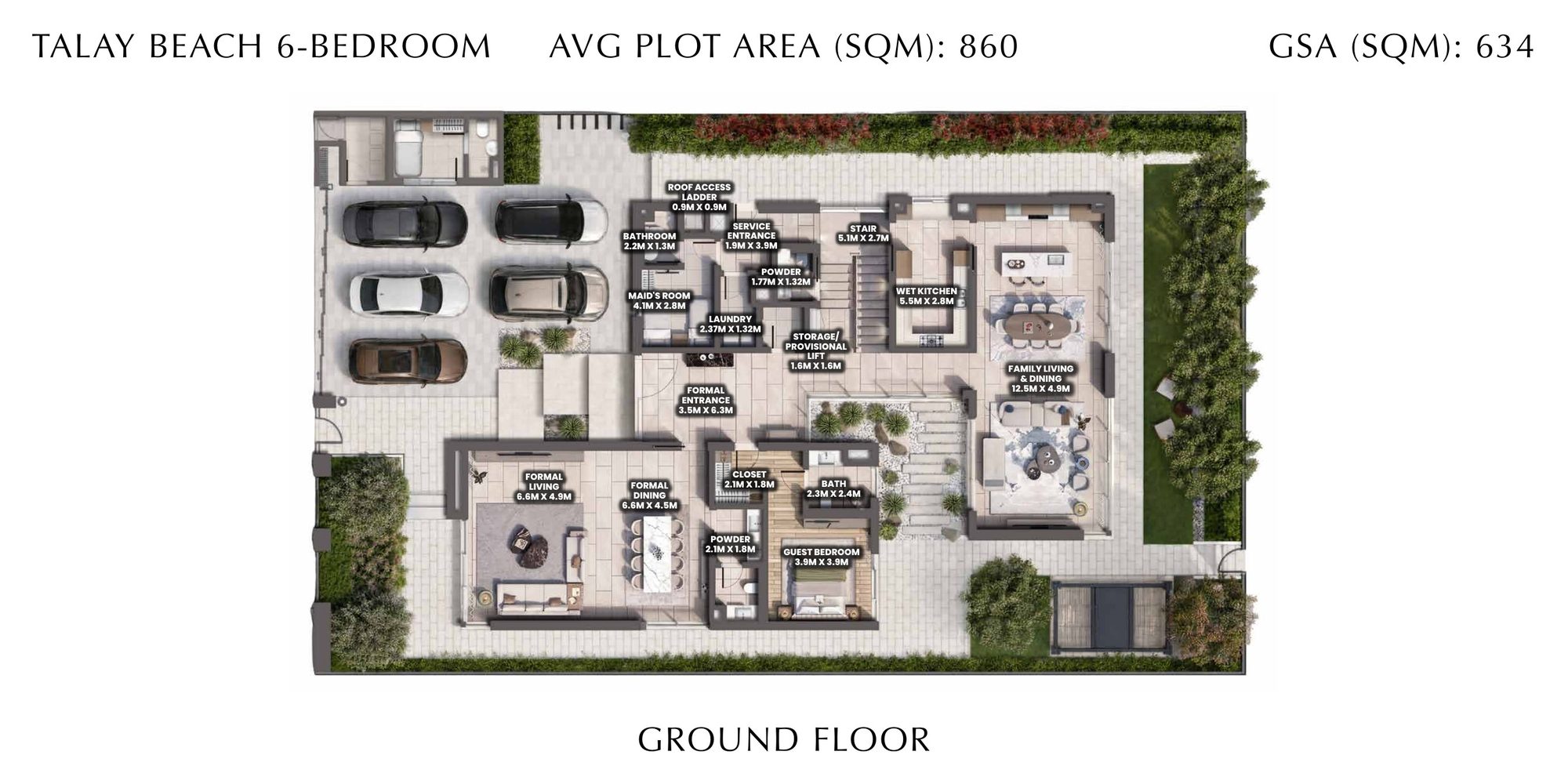Ground-floor plan of a Talay Beach six-bedroom villa, Saadiyat Island, Abu Dhabi