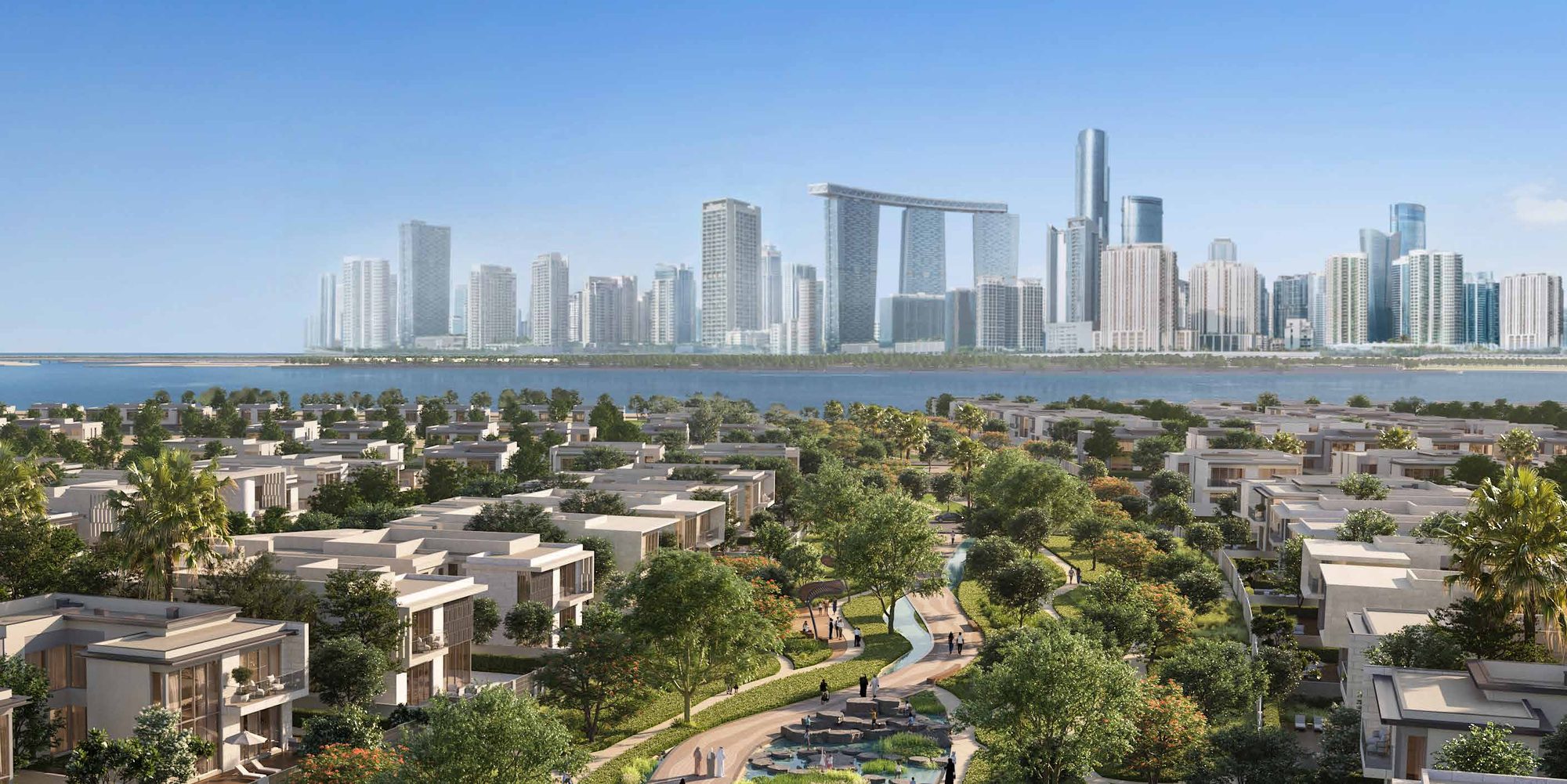 Marsa Al Saadiyat waterfront with a tower skyline across the water, Abu Dhabi