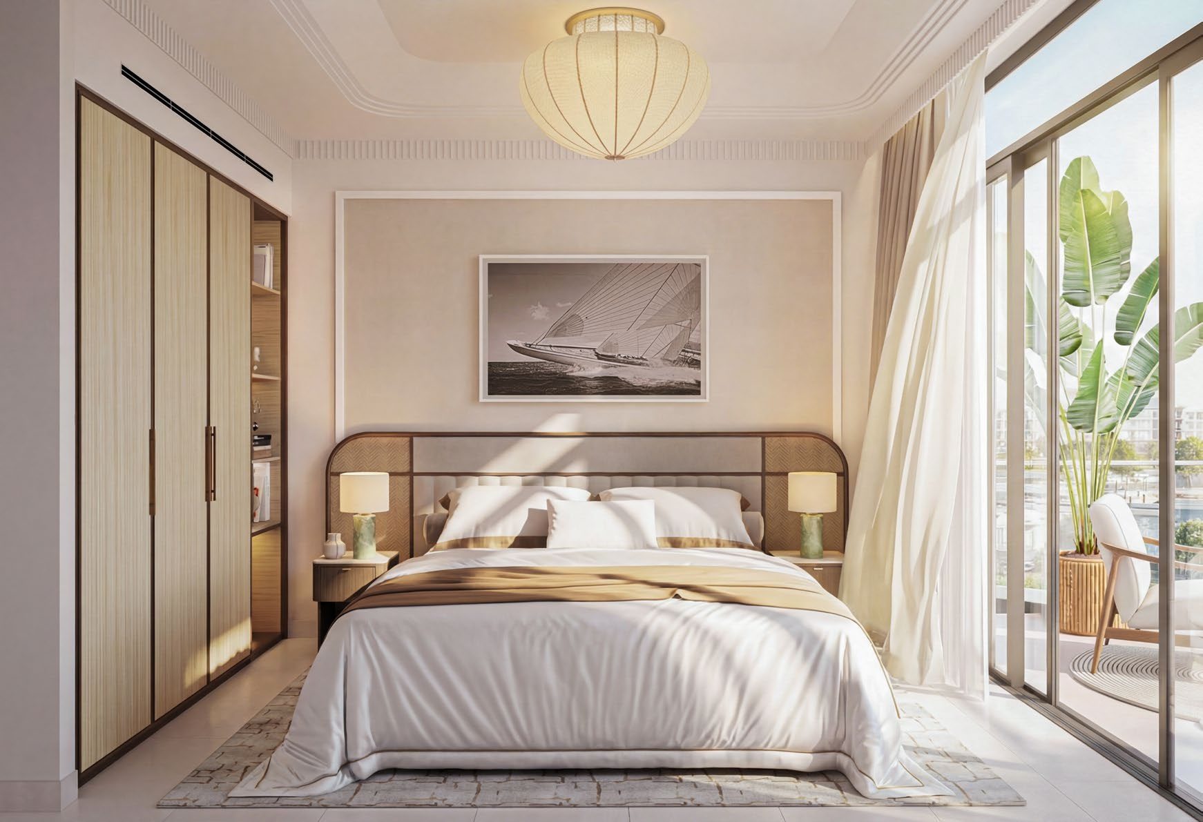 Bedroom of a Ramhan Island apartment, with a view toward the water, Abu Dhabi
