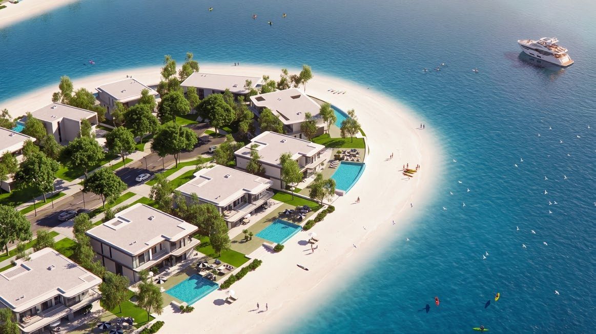 Beachfront villas on Ramhan Island, Abu Dhabi, seen from the air. The homes offered here are the marina apartments