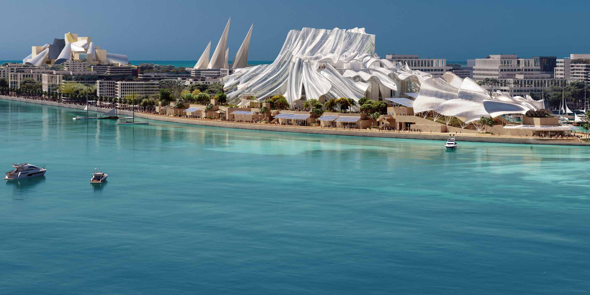 Cultural waterfront on Saadiyat Island, Abu Dhabi, white buildings seen across the water