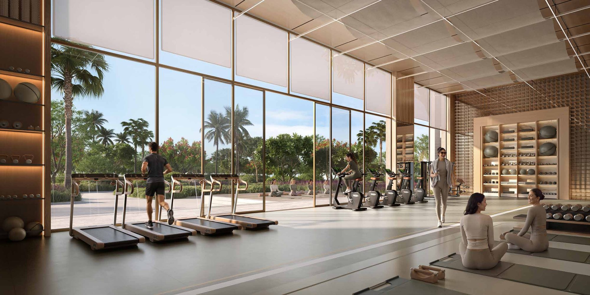 Community gym at Talay Beach, Saadiyat Island, Abu Dhabi, with a view toward the water