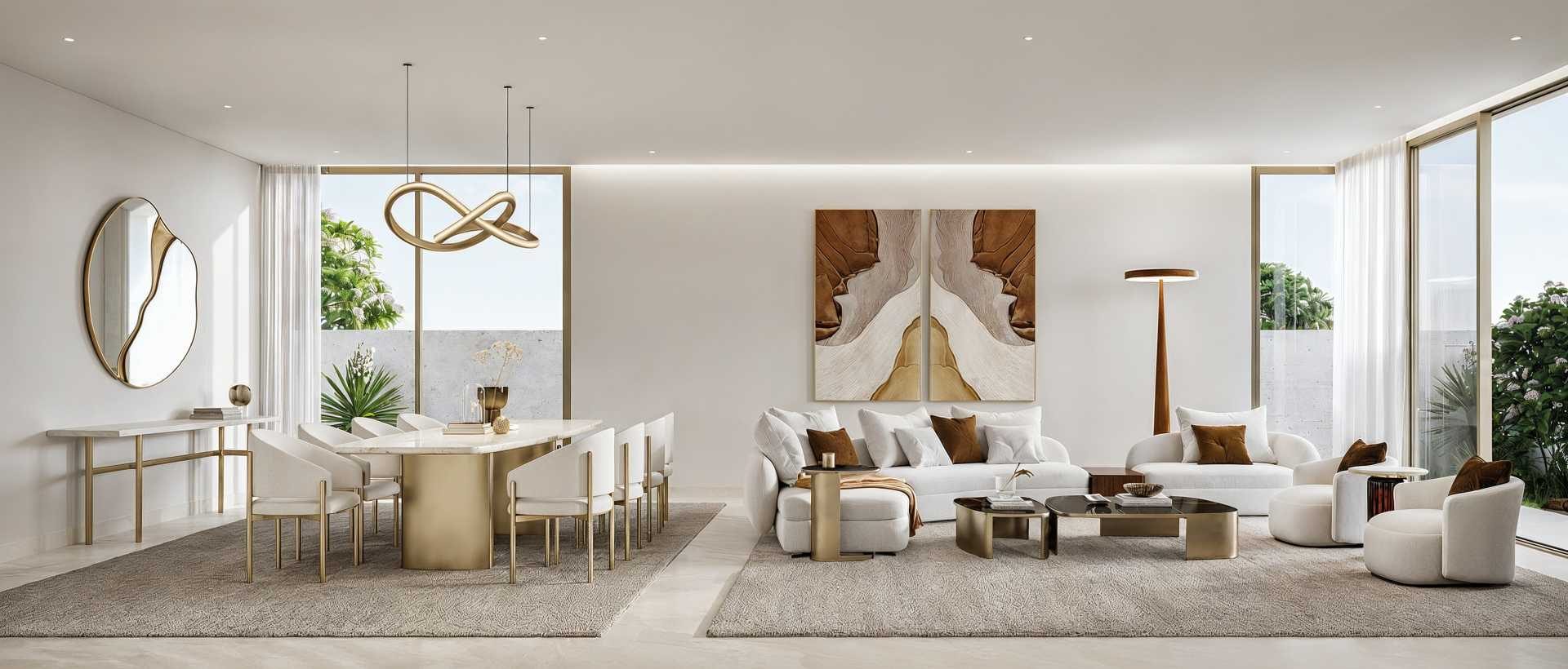 Living and dining room of a Talay Beach villa, opening to the garden, Saadiyat Island, Abu Dhabi