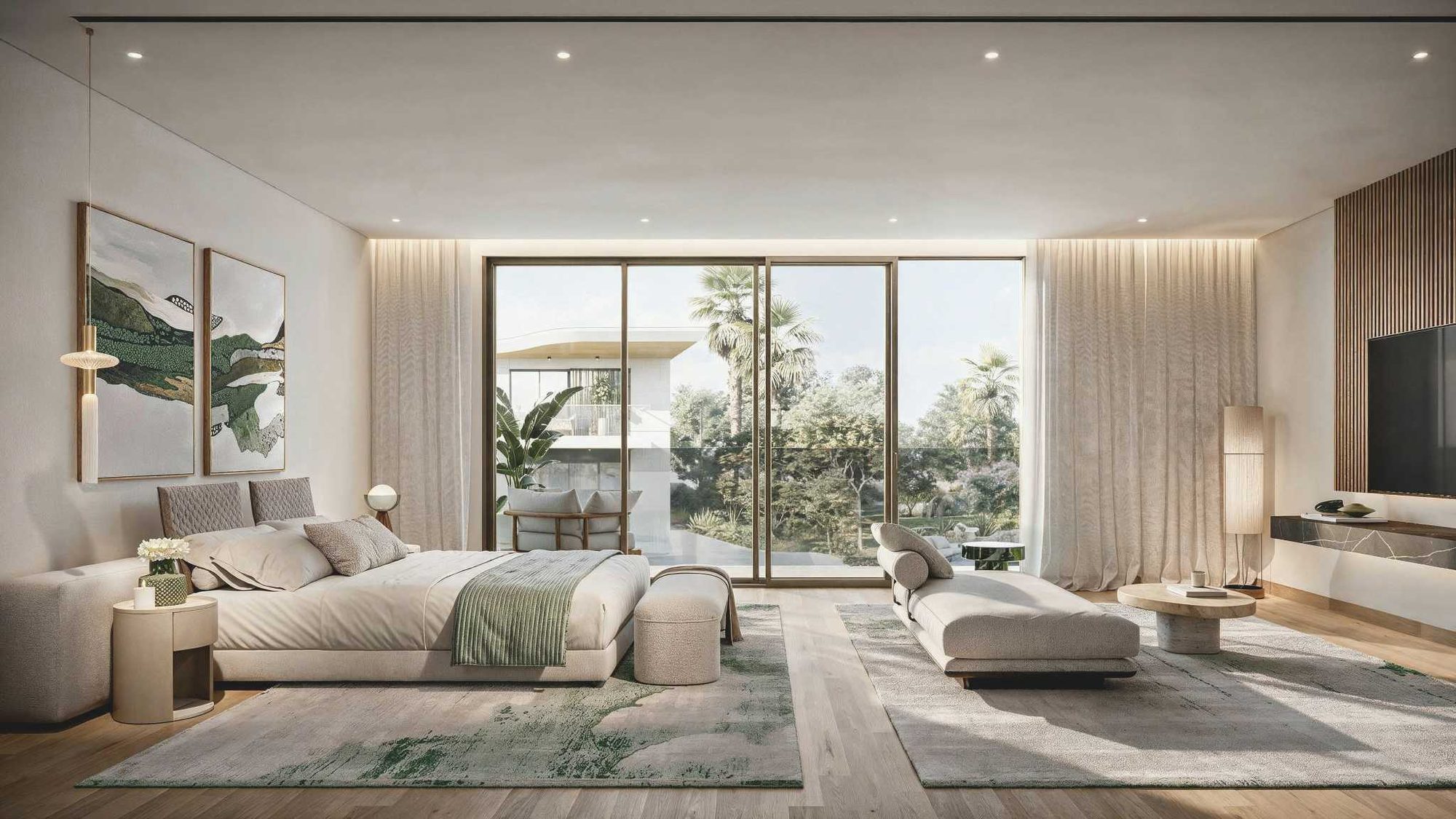 Master bedroom of a Talay Beach villa, with a terrace beyond the glass, Saadiyat Island, Abu Dhabi