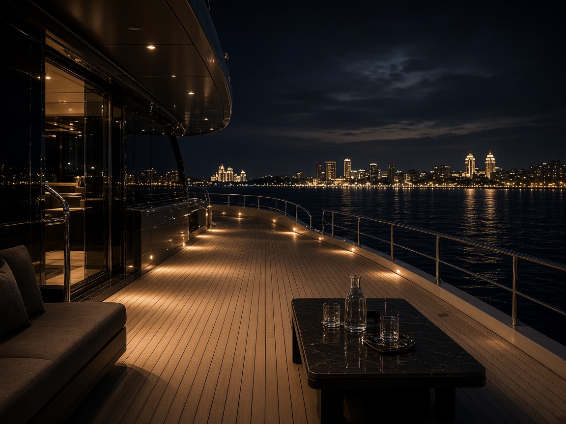 An empty yacht aft deck at night, facing distant city lights