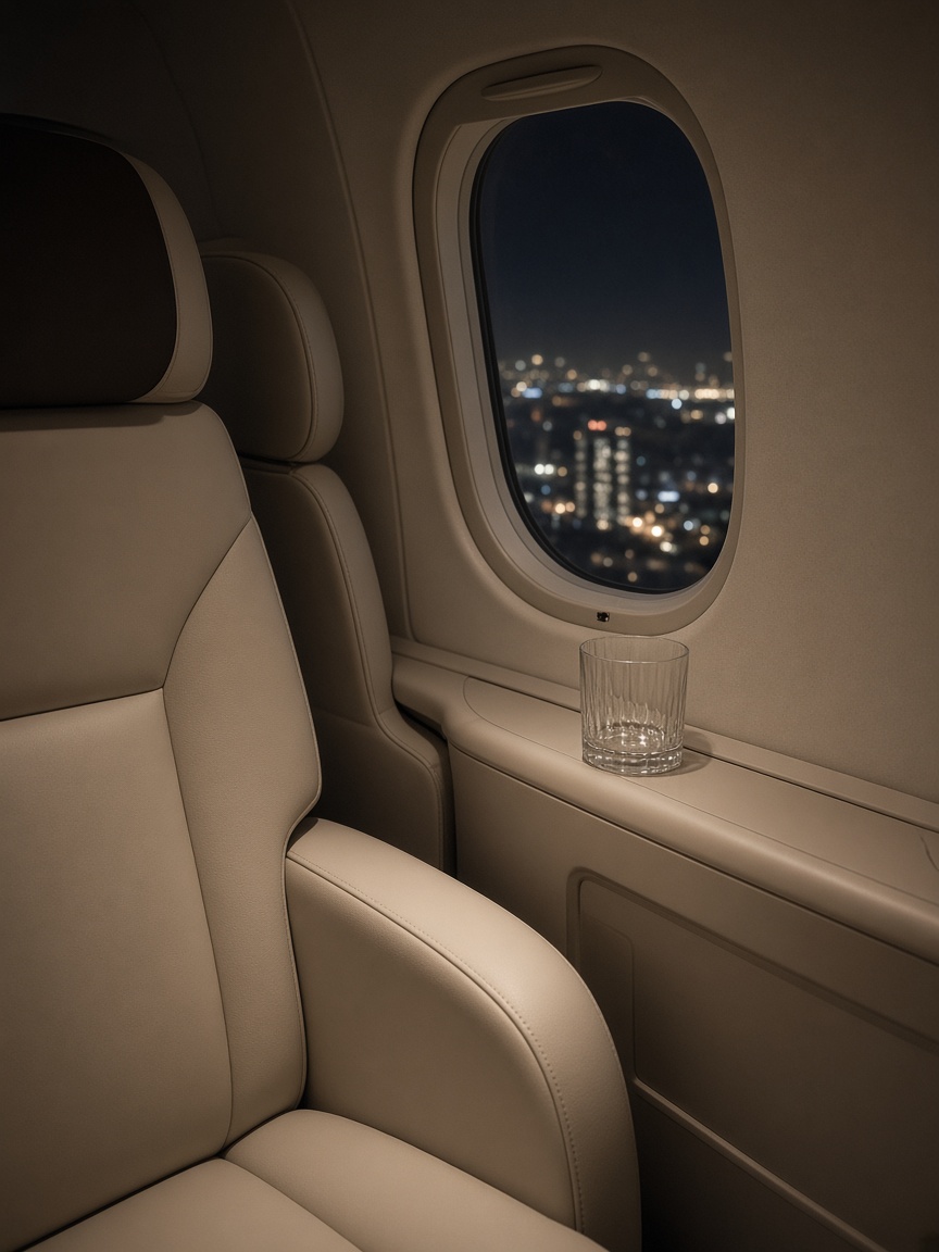 A private-jet cabin at night, with city lights beyond the window