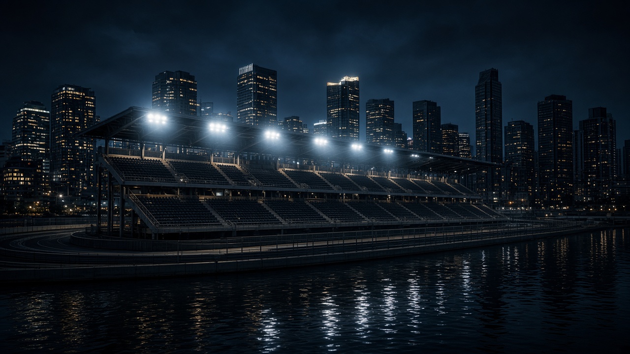 An empty grandstand beside a floodlit street circuit at night