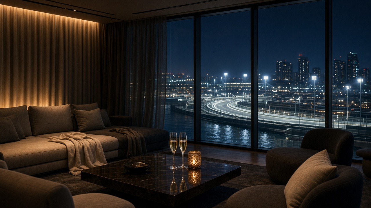An empty lounge looking out on a night-time waterfront circuit