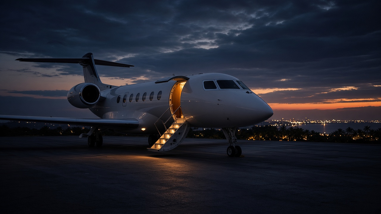 An unmarked private jet on a night apron with the cabin door open