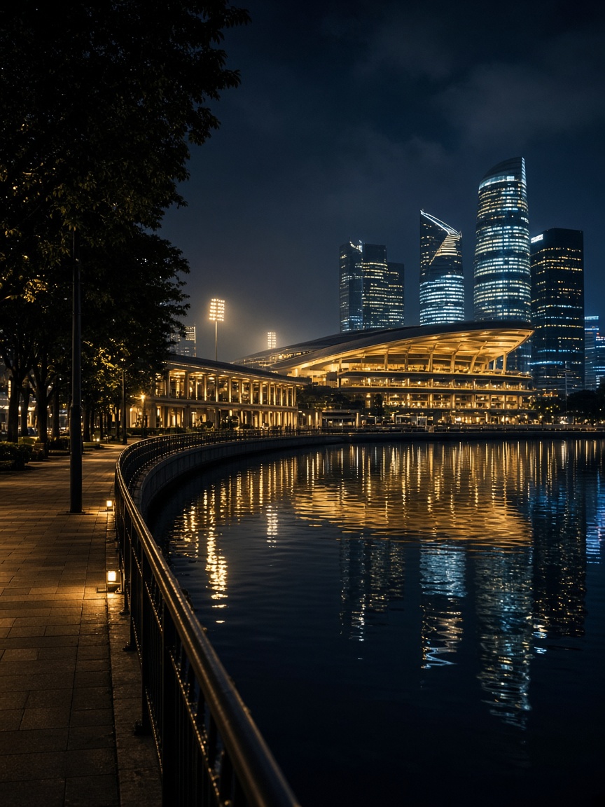 A quiet waterfront promenade facing floodlit towers at Marina Bay