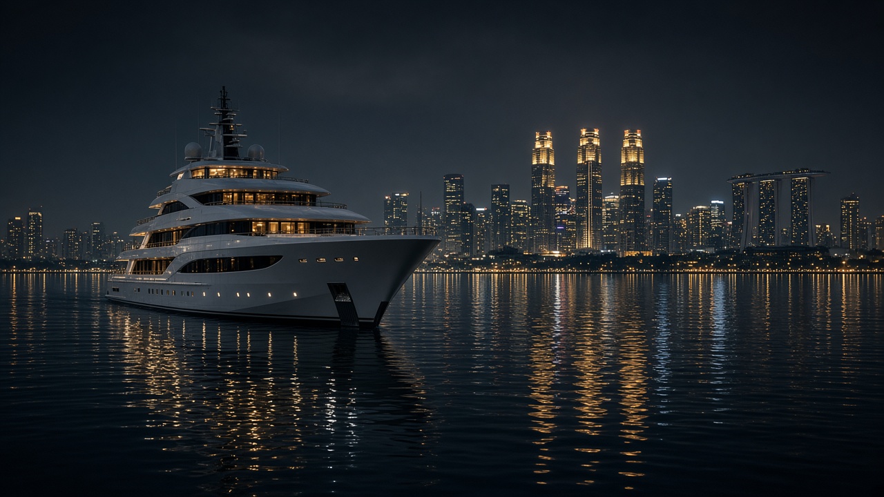 A superyacht on dark water with a city skyline beyond