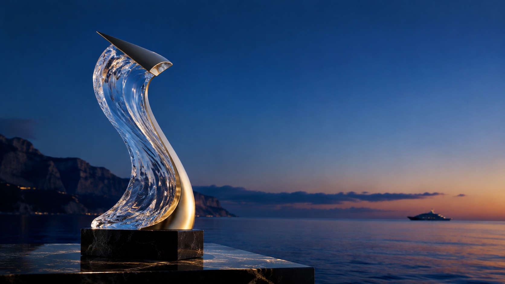 Blue Ocean Club Yacht Awards wave trophy at blue hour