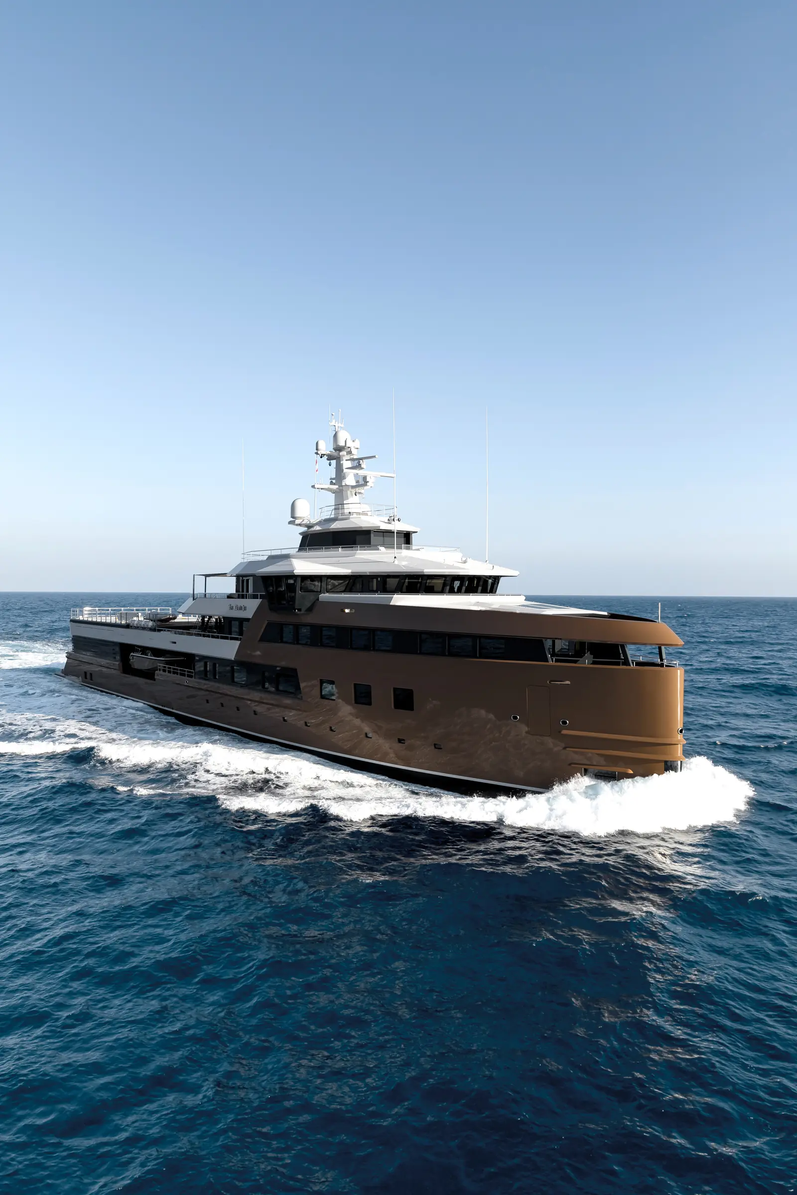 Vertical bow-quarter portrait of LA DATCHA under way